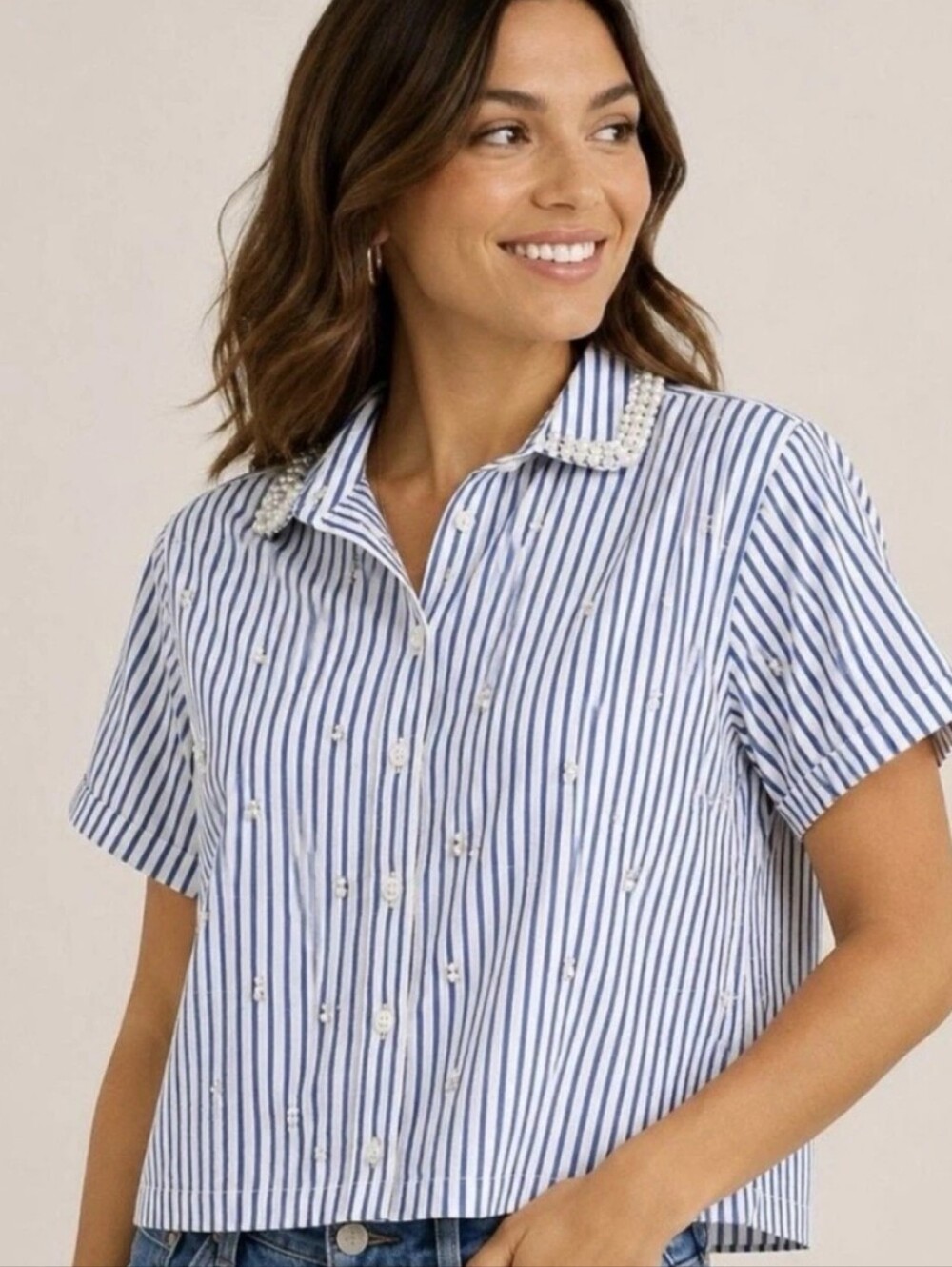 J. Crew Blue and White Striped Short Sleeve Button-Down with Beaded Collar